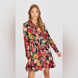 Stradivarius Black Floral Button-Front Mini Dress Size M Long Sleeve viscose